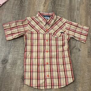 Columbia Boys 10-12 M Red Plaid Button-Up Shirt Lightweight Short Sleeve